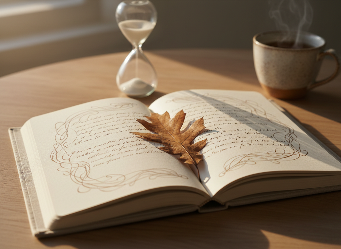 A hardcover journal with a soft linen cover in muted sand tones lies open on a simple wooden desk, its pages filled with delicate handwritten lines that fade into abstraction toward the edges. A single dried leaf rests between the pages as a natural bookmark. Behind it, an unfocused hourglass and a ceramic cup of herbal tea hint at the passage of time. Warm late-afternoon sunlight enters from the left, casting gentle, elongated shadows and emphasizing the paper’s texture. Photographic realism, eye-level composition with shallow depth of field keeps the journal in sharp focus and the background softly blurred. The mood is calm, reflective, and professional, evoking the quiet, structured space where a life story can be revisited and ressignified.